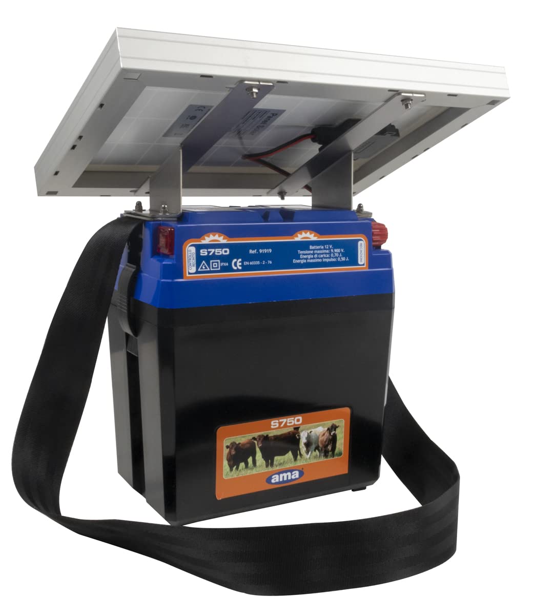 Ama Electrificador Ranch S750 para vallas eléctricas con panel solar de 10 W, ideal para caballos y ganado, batería recargable 12 V 12 Ah, energía de carga 0,48 julios, longitud máxima