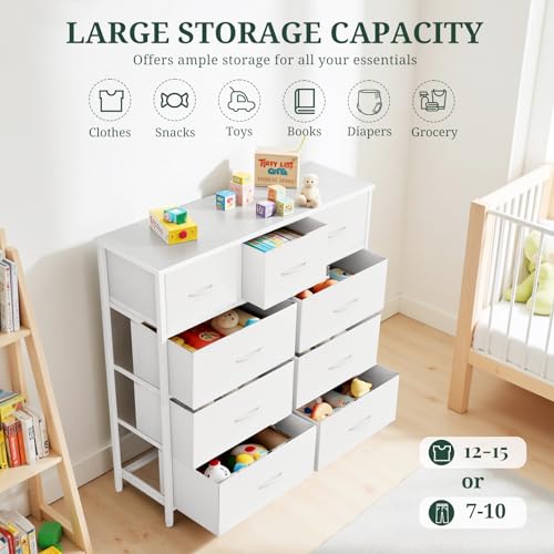 9-Drawer Dresser for Bedroom, Anti-Tip Tall Storage Organizer Chest of Drawers with Wooden Top and Metal Frame Fabric Bins for Closet, Living Room, Hallway, Entryway, White - Thumbnail 5