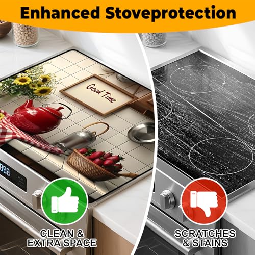 Image of Stove Top Cover Retro Flower Gas Stove Top Cover for Home Decoration Kitchen Pad Non-Stick Washable Cooktop Covers Countertop Protector Keep Stove Clean 28 inchx20 inch (Good time)