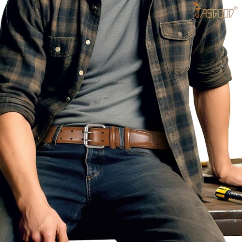 Image of JASGOOD Men Double Prong PU Leather Belt Casual Work Heavy Duty Belt Double Grommet Holes Belt for Jeans