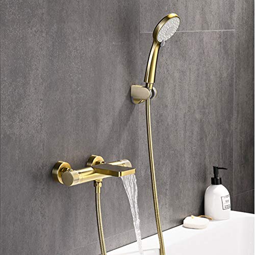 Thermostatic Waterfall Bathtub Faucet, Brass Bathtub Faucet with Hand Shower, Bathroom Wall Mounted Tub Filler Faucet, Bath Shower Mixer Tap,Brushed Gold