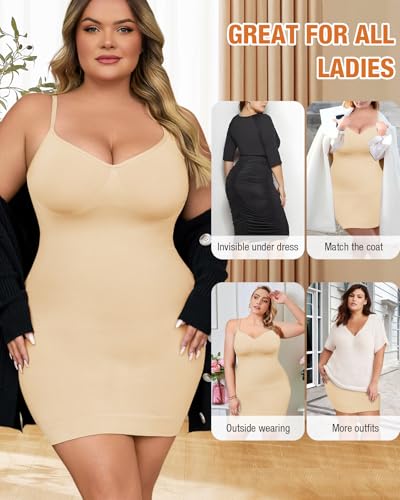 Image of Shapewear Slip Dress for Women Under Dress Seamless Tummy Control Slip Dress Plus Size Smoothing Cami Dress Slips