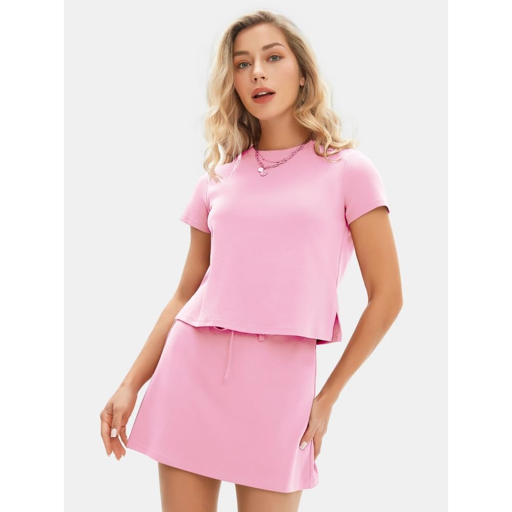 Falda corta casual de verano de dos piezas para mujer, camiseta de manga corta, falda de tenis, exquisita falda de algodón, traje deportivo corto deportivo casual, rosa, M