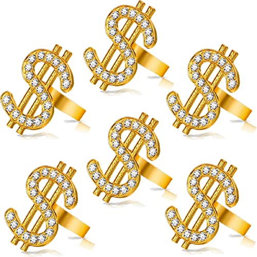 6 Pieces Crystal Dollar Sign Ring for Men, Hip Hop Symbol for Rapper Punk Costume Props, Zirconia US Open Ring