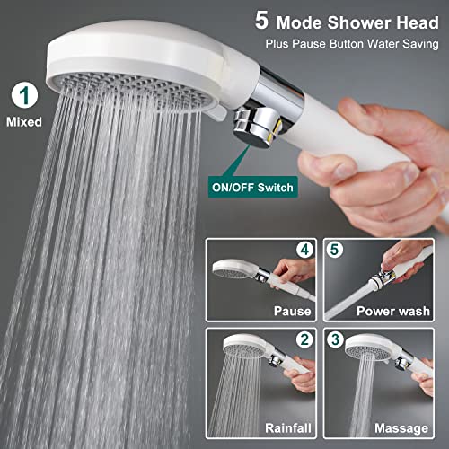Goolifee Rv Shower Head With Hose And On Off Switch For Outdoor Camper,Travel Trailer,Motorhome And Boat 5-Mode High Pressure Water Saving Showerhead With Adhesive Shower Holder,Hose Guide Ring,White #TOP2
