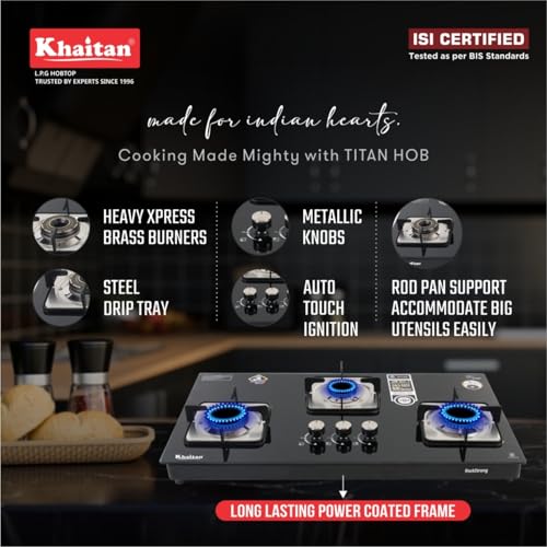 Khaitan RockStrong TITAN Automatic 3 Burner Premium HobTop | Xpress Brass Burner | Toughened Glass Cooktop | ISI Certified | 1+2 Years Extended... - Image 3