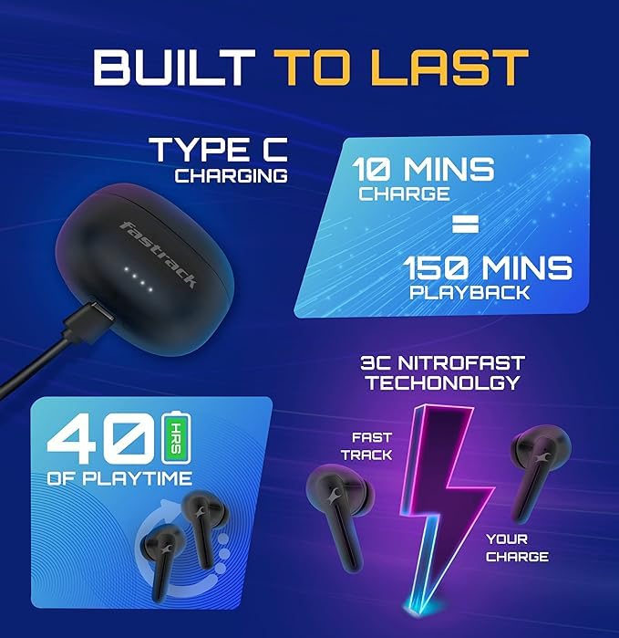 Image of Fastrack Fpods(New Launch) FX100 Bluetooth TWS In-Ear Earbuds with 40 Hrs Playtime|BT V5.3|13mm Extra Deep Bass Drivers|Quad Mic ENC for Clear Calls|Ultra Low 50ms Latency Gaming Mode|NitroFast Charge