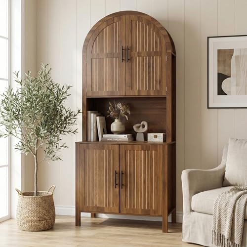 Image of 76 inch Tall Arched Kitchen Pantry,Large Storage Cupboard with Fluted Doors,Microwave Shelf,Modern Wooden Buffet Sideboard,Adjustable Shelves,Cabinet for Dining,Living Room,Walnut