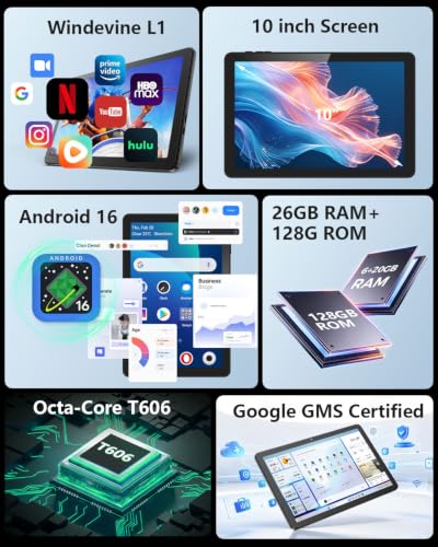 Image of Tablet Android 16 with 26GB RAM+128GB ROM, 10 inch Tablet with 7000 mAh | Android 16 OS Gemini AI Google GMS Certified T606 Octa-Core 26GB RAM 128GB ROM 10.1 inch HD Wi-Fi 6 BT 5.0 GPS 7000mAh Battery