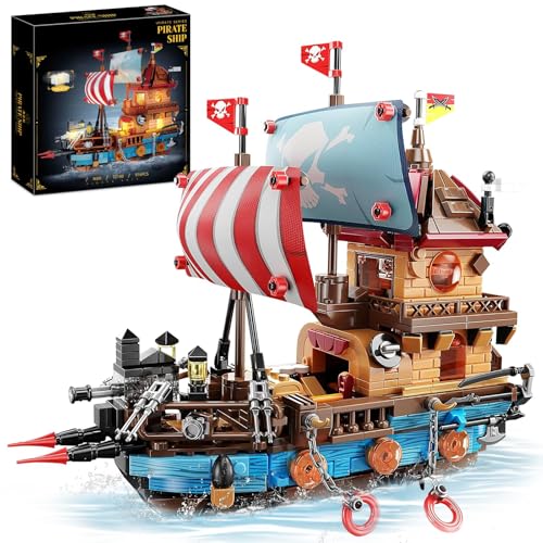 Pirate Ship Building Blocks Set with LED Lights-Compatible Standard Brick 916Pcs Pirates Boats Medieval Pearl Pirate Ship Model Creative Decor Halloween Christmas Birthdays Party Gifts for Teens