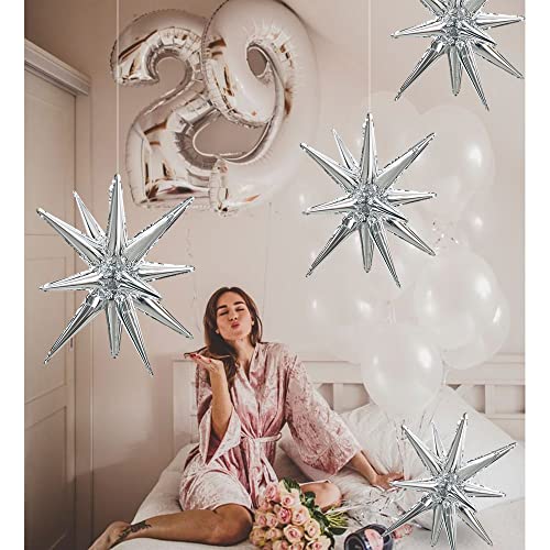 Image of TONIFUL 4 Pcs Explosion Star Balloons Silver Foil Balloon Party Decorations | 22 Inch Large Mylar Star Balloon for Silver Party Decor New Year Christmas Birthday Wedding Baby Shower Photo Booth Supplies