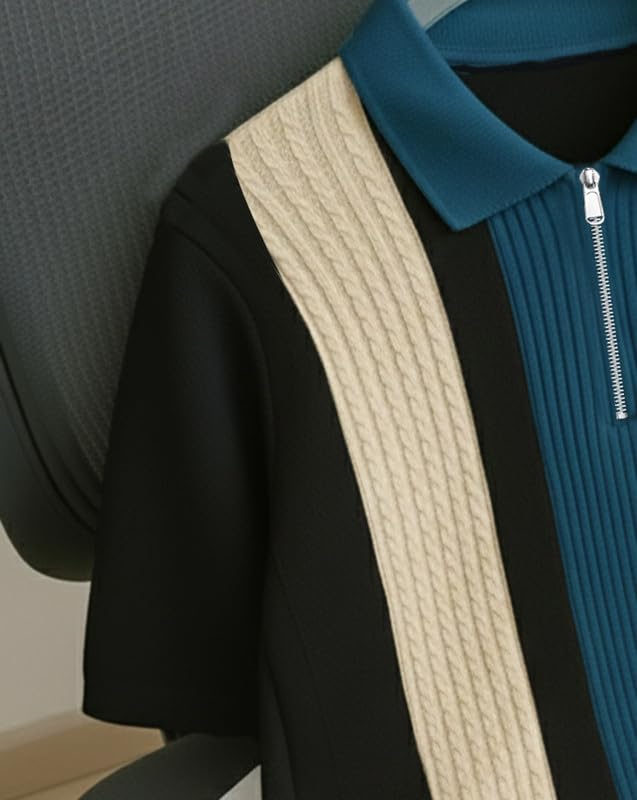 Image of AUSK Men's Retro Cable-Knit Quarter-Zip Polo | Premium Textured Self-Design Half Sleeve T-Shirt for Men