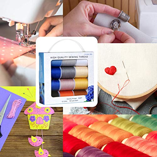 Total 1800Yds Sewingthread 12 Pcs Thread Spool,150Yds Each Witn Buttons Sets For Sewing, Single Needle,Machine Embroidery #TOP6