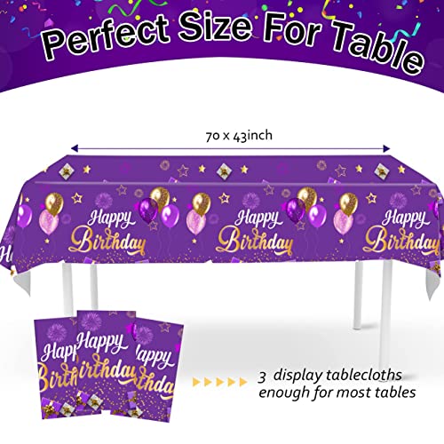 Ssailue Decor 3Pcs Happy Birthday Tablecloth Purple And Gold Birthday Decorations For Girls Women Disposable Plastic Rectangular Table Covers 43”X 70” For Birthday Party Supplies #TOP1