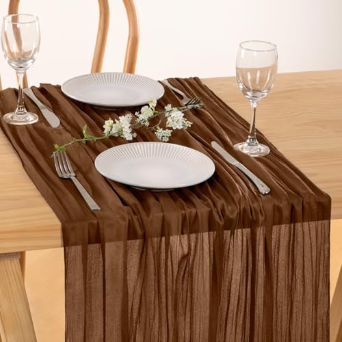 Image of MLMC 3 Pack Brown Table Runner 10ft Boho Rustic Gauze Coffee Cheesecloth Table Runner Neutral Cheese Cloth Table Decor 35x120 Inches for Wedding Bridal Shower Reception Party Decor