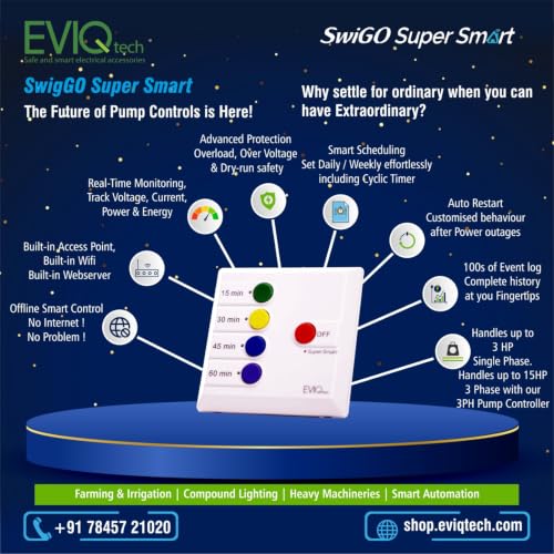 Image of SwiGO 20A Super Smart Timer Switch | Dry Run, Overload & High /Low Voltage Protection | Energy Monitor | For Motors, Pumps, Geysers & Lights | 5 /10 /15 /20 Min Auto-Cutoff | Offline & Online Control