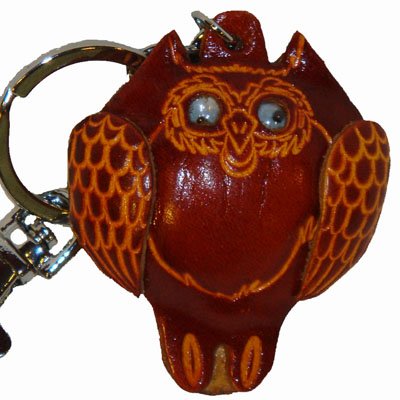 A Pair Of Real Leather Fat Owl Key-Chain, Handcrafted Owl Charm, Brown And Purple #TOP2
