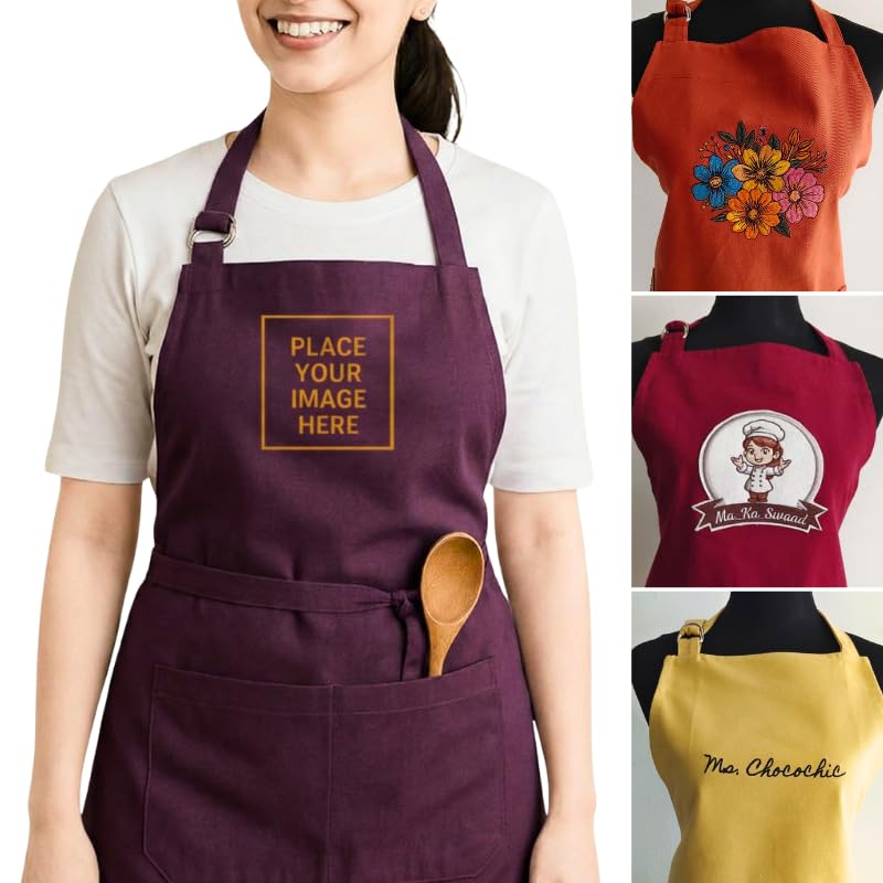 Image of Personalized Custom Apron - 100% Cotton, Adjustable Neck strap, Large Pocket - Unisex Apron for Men & Women - Cooking, Baking, BBQ, Customizable