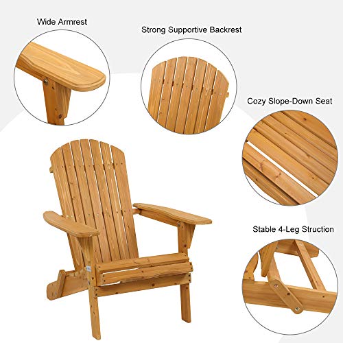 Vingli Folding Wooden Adirondack Chair Set Of 2 And Table Set, Fire Pit Seating Ergonomic Design, Folding Outdoor Patio Lounger Armchair Lawn Chairs Furniture W/Natural Finish, For Beach, Balcony #TOP1