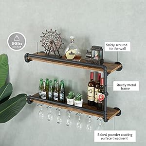 Wine Rack Wall Mounted 2 Tier, Hanging Floating Bar Liquor Shelves with Glass Holder Storage Under, Industrial Rustic Pipe Farmhouse Kitchen Decor Black(35.4x10.6x19.7) Wine Rack Wall Mounted 2 Tier Hanging Floating Bar Liquor Shelves with Glass Holder Storage Under Industrial Rustic Pipe Farmhouse Kitchen Decor Black354x106x197