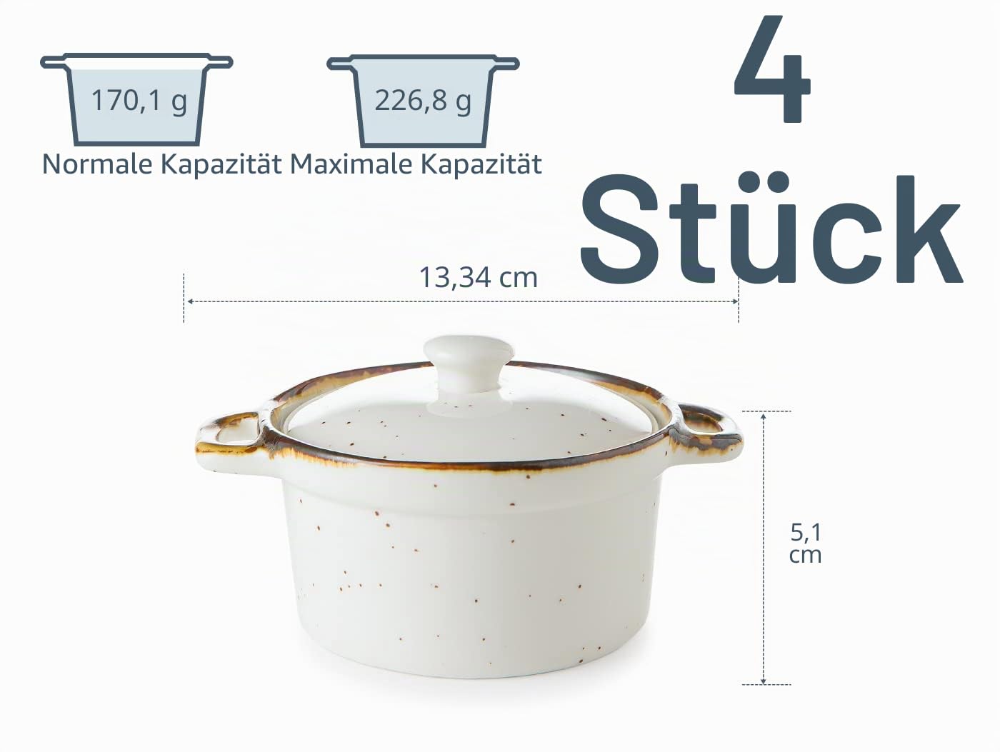ONEMORE Ofenfestes Keramik-Auflaufförmchen mit Deckel, 170 ml, gesprenkelte Mini-Dutch Oven Cocotte, 4er-Set für französische Zwiebelsuppe