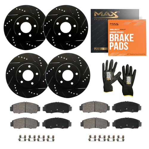 Image of Max Advanced Brakes Front & Rear Brake Kit Compatible With 2005 2006 Mazda Tribute w /2.3 L4 Engine Replacement Drilled Slotted Black Coated Disc Brake Rotors and Ceramic Brake Pads