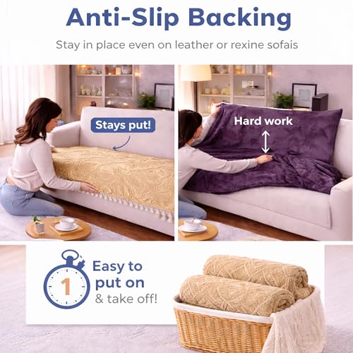 Image of Cortina Velvet Sofa Cover with Tassels | Sofa Couch Protector | Machine Washable Sofa Topper (White, 3 Seater)