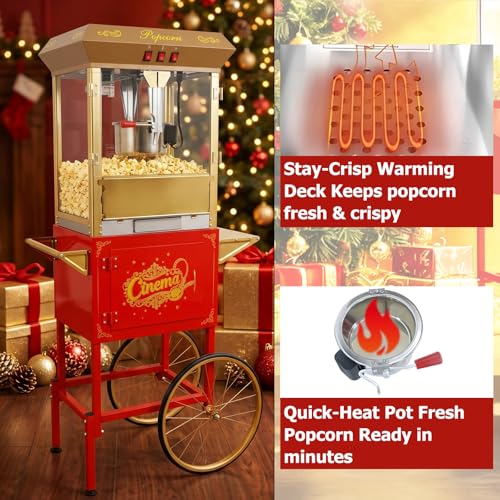 Image of Commercial Popcorn Machine with Cart -16OZ Kettle Popcorn Makers with Heating, 1000W 3-Switch Control & Tempered Glass Doors for Office, Restaurant, Carnival, Schools, Church, Christmas, Red