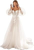 SMILEVEN Women's Lace Applique Tulle Wedding Dress for Bride - Bohemian Beach Bridal Gown with Puffy Sleeves
