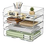 HIYOHIYO Clear Office A4 Paper Desk Organizer, Acrylic Desktop Organizer for A4 File Folder Stackable, Large Capacity Desk Paper Holder, Organizer for Office File, 4 Tier Horizontal Style