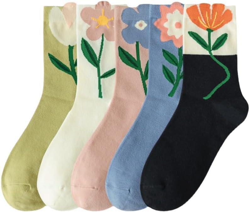 5 Pairs Womens Cute Crew Socks for Women and Girlsfloral socks women Flower Socks for Sports and Daily Wear
