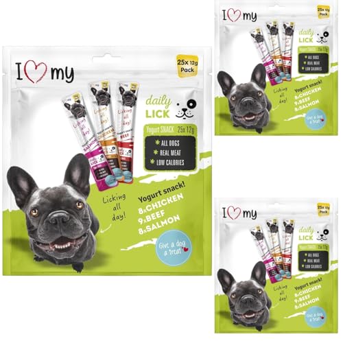 Dog Yoghurt Lickable Treats (75 Pack) Mixed Variety - Beef Chicken & Salmon Creamy Dog Treats Made with Real Meat 12g Each 3 Flavours