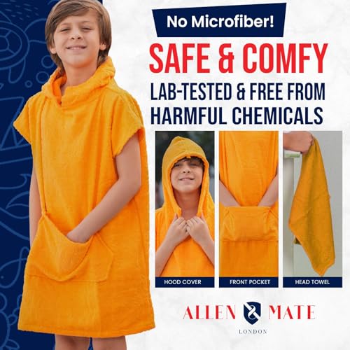 Image of ALLEN & MATE 100% Cotton Kids Hooded Surf Poncho Changing Robe, Quick Absorbent Wearable Swim Towel Boys & Girls, 6-13 Years