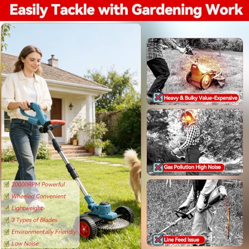 Image of 20000 RPM Electric Weed Wacker with Wheel,12″ Brushless Cordless Weed Eater Battery Powered, String Trimmer /Brush Cutter /Grass Trimmer /Lawn Mower, Edger Weed Trimmer for Garden Yard Tool