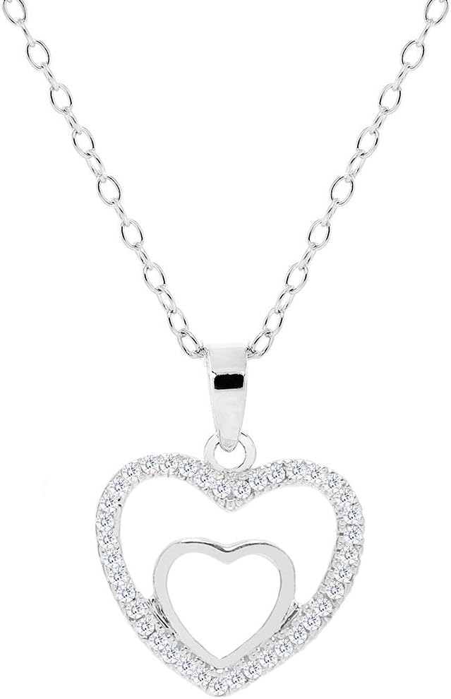Cate & Chloe Amorette 18k White Gold-Plated Double Heart Pendant Necklace for Women with Simulated Diamond Crystals, Hypoallergenic Jewelry for Women, Gift for Her on Christmas, Birthday, Anniversary