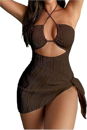 SKAYS Womens One Piece Swimsuit Texture Hollow Out Halter Bathing Suit with Cover-Up 2-Piece Sets Beach Swimwear