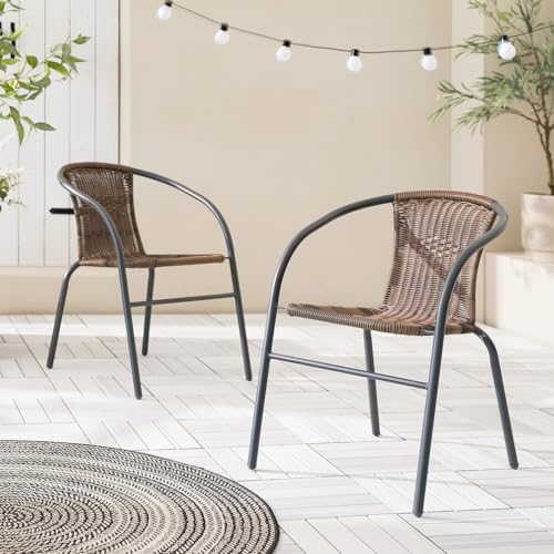 home24 Rattan Gartenstuhl 2er-Set, Stapelstuhl, Bistrostuhl mit Stauhlgestell, pulverbeschichtetem Eisen & Polyrattan, Wetterfest & pflegeleicht, Grau-Braun