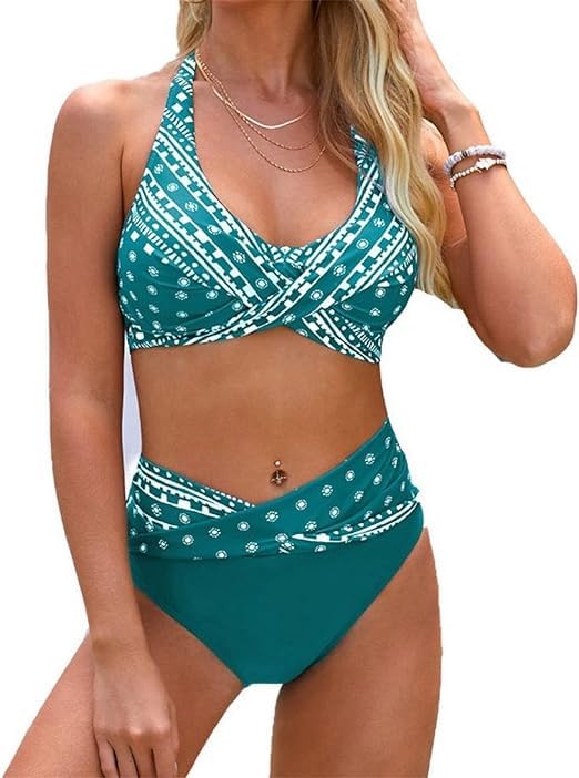 GenericWomen's Printed Two Piece Swimsuit Set - Halter Neck Design, Tummy Control Bottom, Padded Pushup Bra, Bathing Suit