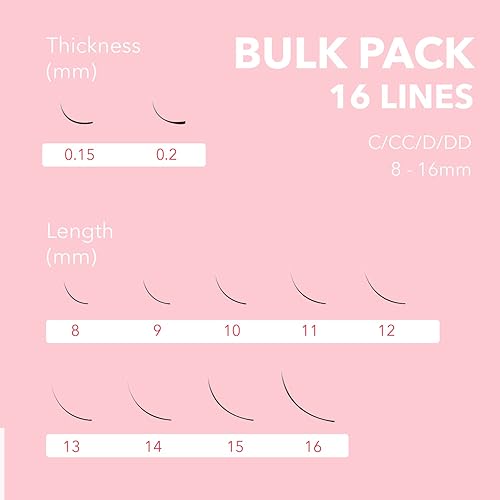 Miniatura 3 de Extensiones de pestañas de volumen clásico de 16 líneas, individuales CCCDDD, 0.315-0.630 in de longitud 0.150.2 de grosor, bandeja a granel para