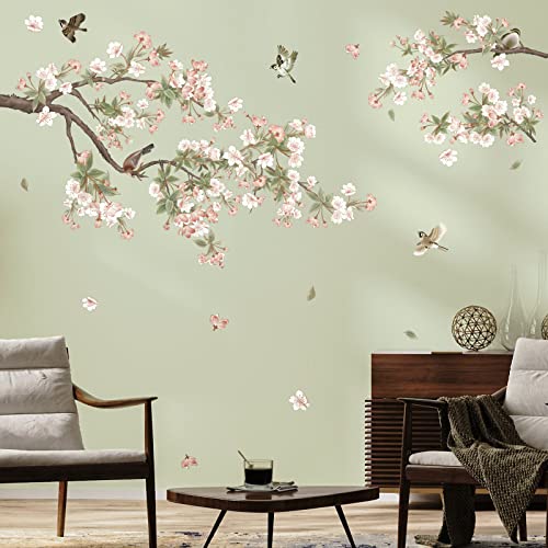 decalmile Stickers Muraux Branche Arbre Fleurs Autocollant Mural Fleurs Blanc et Rose Oiseaux Décoration Murale Chambre Fille Salon