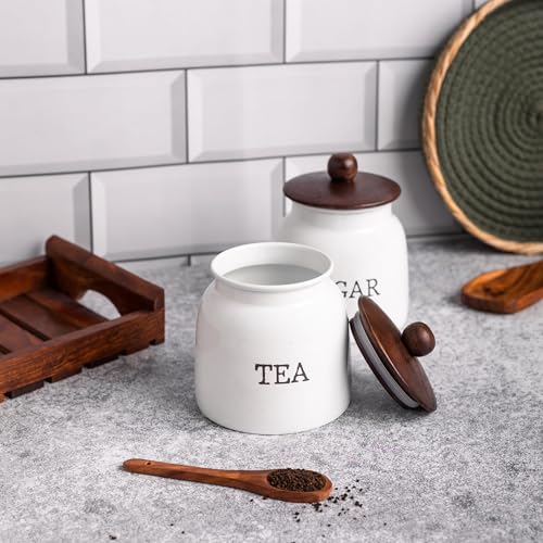Image of Metallure Home Modern Kitchen Set | Air Tight Containers for Kitchen Storage | Tea Sugar Container Set of 2 | Wooden Lid Container | Food-Safe Metal Containers | Jar Container Set for Home (White)