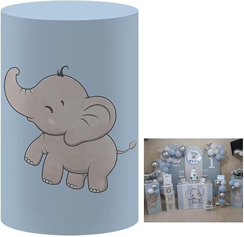 Miniatura 7 de Cubiertas de zócalo cilíndrico de rayas azules para fiestas de cumpleaños, baby shower, decoración de boda, soporte de pedestal de elefante lindo