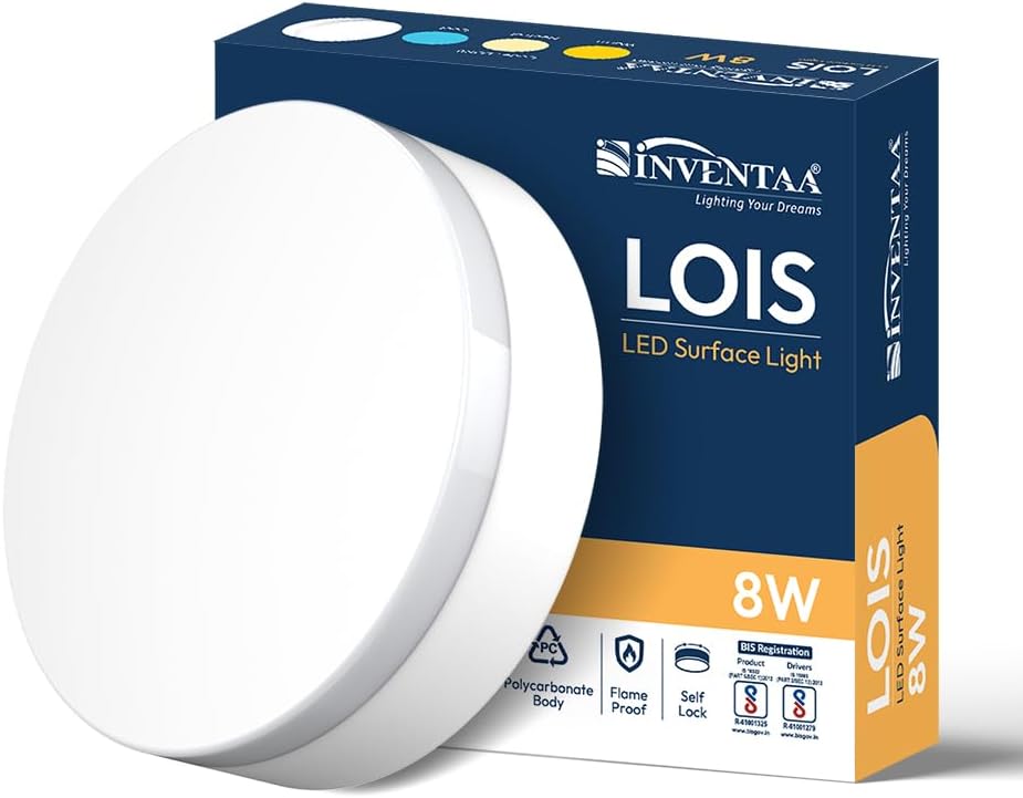 INVENTAA Lois LED Surface Light for Living Room | Surface Mounted Ceiling Light for Indoor use - Balcony, Bathroom, Corridors & Parking Area (Surface Light, Warm White, Round, 1, 8W, LOIS)