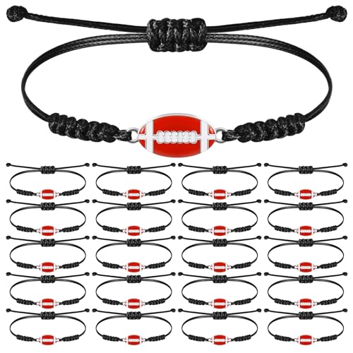 Sureio 20 Pcs Football Bracelets Party Favors Football Gifts Bulk Unisex Sports Bracelets Adjustable Charm Braided Rope for Women Men Teens Sport Team Players(Black)