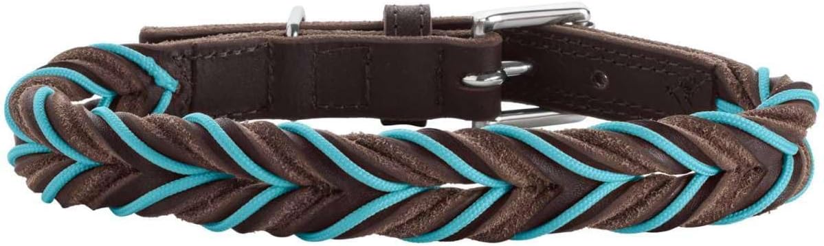 HUNTER Solid Education Corduroy Dog Collar Dark Brown/Turquoise Robust Cowhide Leather Hand-Braided Made in Germany Size 40