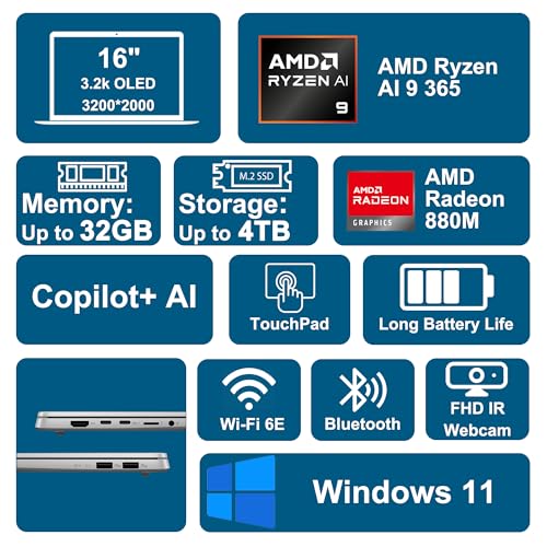 Image of ASUS Vivobook S16 AI Laptop 16 inch 3.2k OLED 120Hz (600nits 100% DCI-P3) AMD 10-core Ryzen AI 9 365 (Up to 50 Tops) 32GB RAM 1TB SSD for Creator Designer Business Professional Win11 ICP Hub /Copilot+ AI
