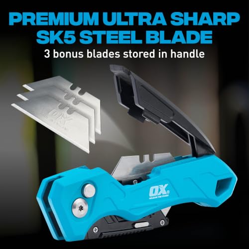 OX TOOLS P224301 Pro Heavy Duty Fixed Blade Folding Knife, Blue / Black - Image 5