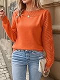 Elegante suéter de Cuello Redondo para Mujer con Mangas Huecas texturizadas, suéter Casual para un Estilo versátil para el día a día, Naranja, XL