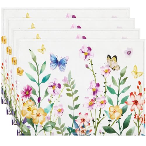 DECYOOL Spring Placemats Set of 4, 12.5x17 Inch Butterfly Flower Spring Placemats Party Kitchen Dining Holiday Summer Decoration for Indoor Outdoor Decoration by DECYOOL - Used condition - US$6.99