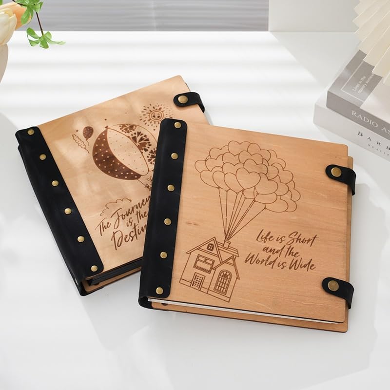 Travel Growth Commemorative Book ﻿ Creative Commemorative Loose Leaf Album Self Adhesive Wooden Album Applicable to photos, receipts, star cards, etc(Style2)